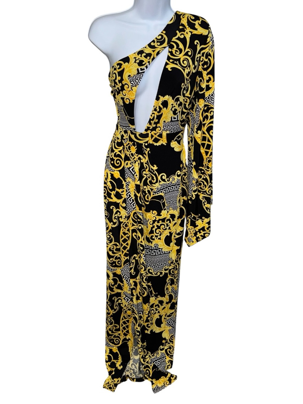 Women’s Symphony Asymmetric One-Shoulder Black/Yellow Baroque Print Dress - M